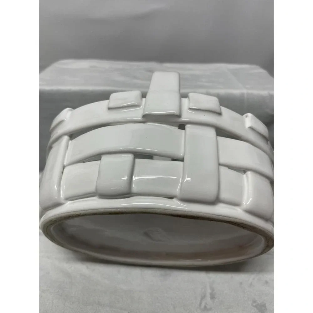 Vintage Italy White Ceramic‎ Woven Basket Weave Oval Decorative Centerpiece Bowl